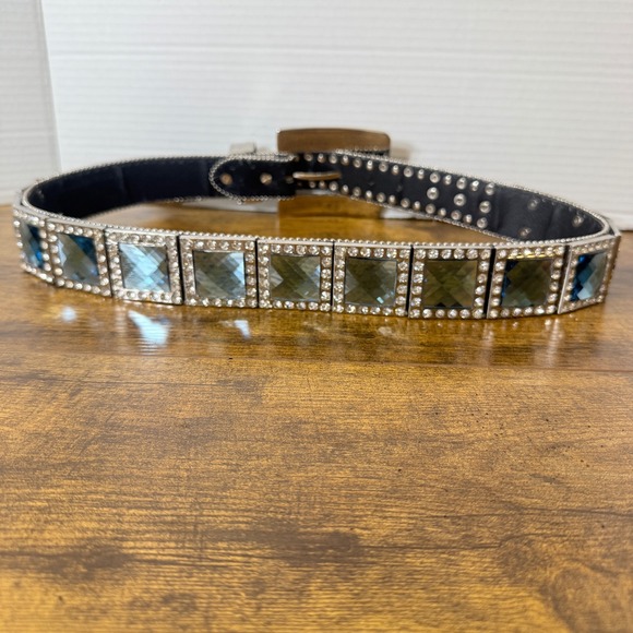 ATLAS Rhinestone Western Bling Belt Size 30-35 Black Embellished Silver Buckle - Picture 7 of 16